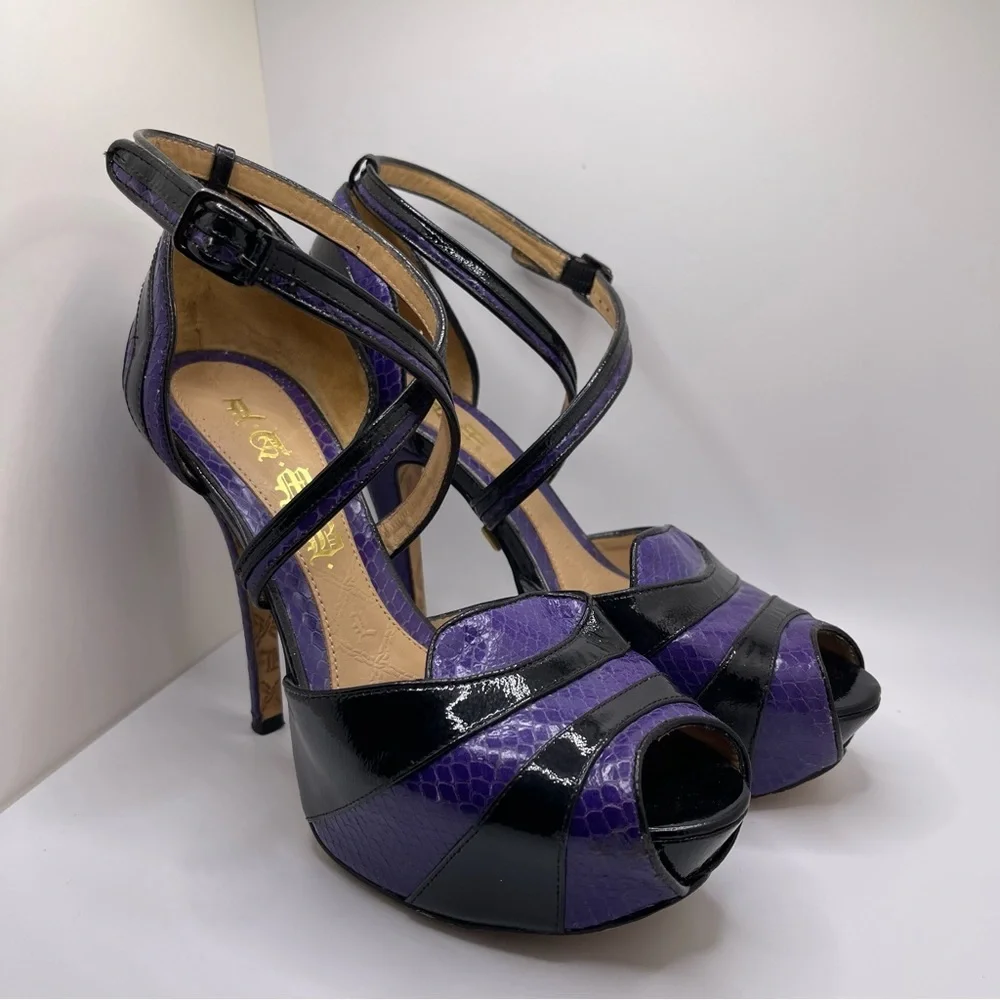 L.A.M.B. Women’s Black Purple Platform Leather Peep Toe Strappy Heels Size 6 - Picture 9 of 14
